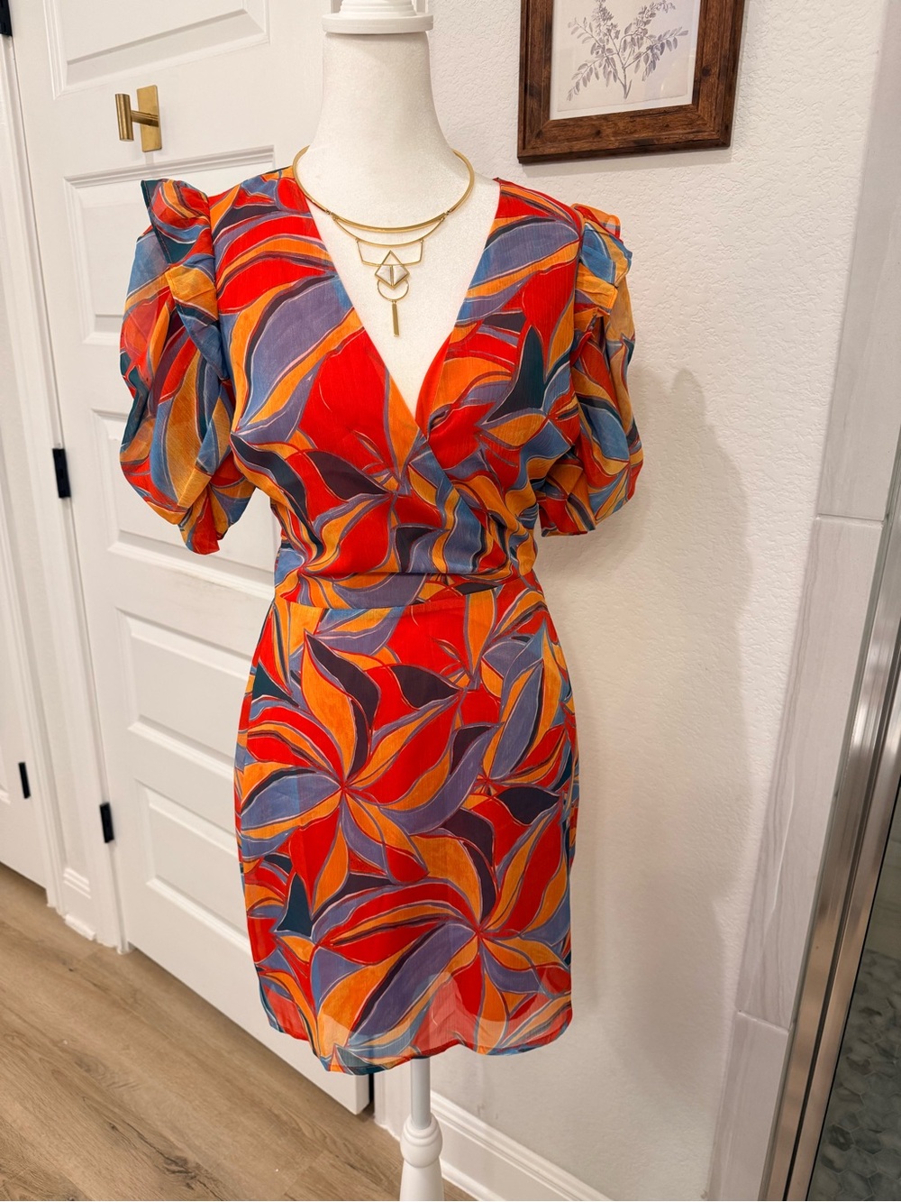 Adelyn Rae Red Multi Printed Puff Sleeve Wrap Dress